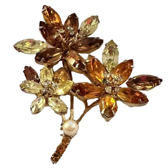 Vintage Vendome Brooch Flower Gold Tone Topaz Color Rhinestones Flower Pin 3 In - Picture 3 of 16